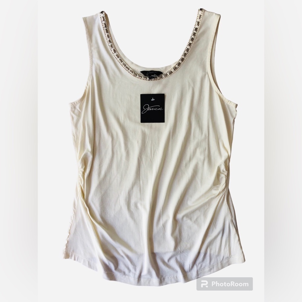 BEADED Tank Top Cream Coloured. Neutral coastal Beach vacation. Size Large